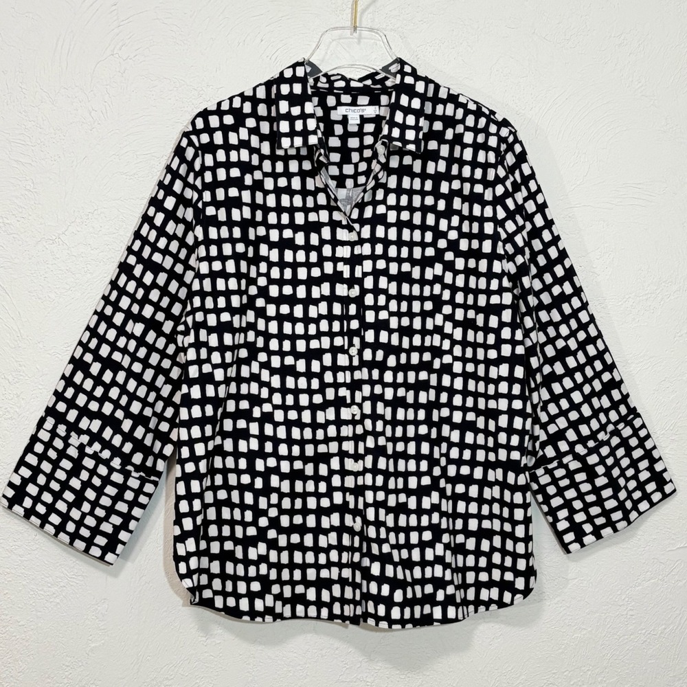 Chico's Button Down Shirt XL/16 Black White Office Career Geometric 3/4 Sleeve